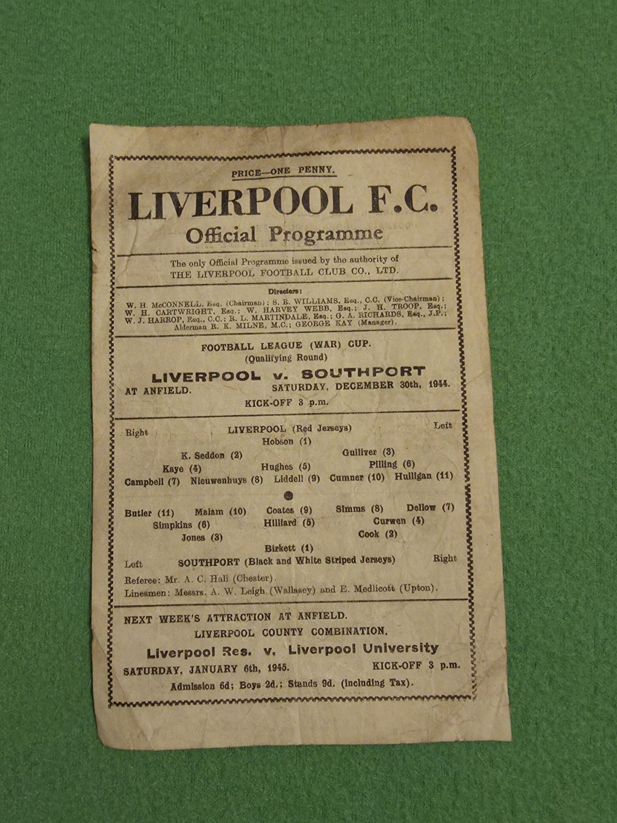 Rare Original Liverpool v Southport Official Programme December 30th 1944 for sale on Ebay