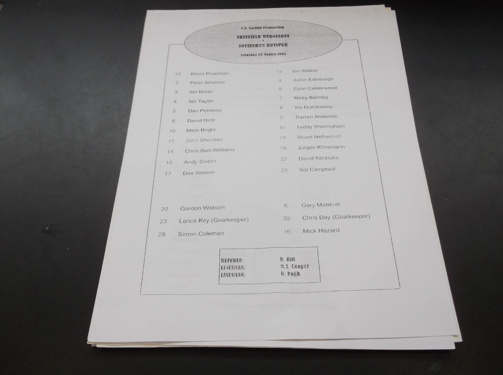 RARE SHEFFIELD WEDNESDAY V TOTTENHAM TEAM SHEET 20 AUG 1994 *KLINSMANN DEBUT* for sale on Ebay