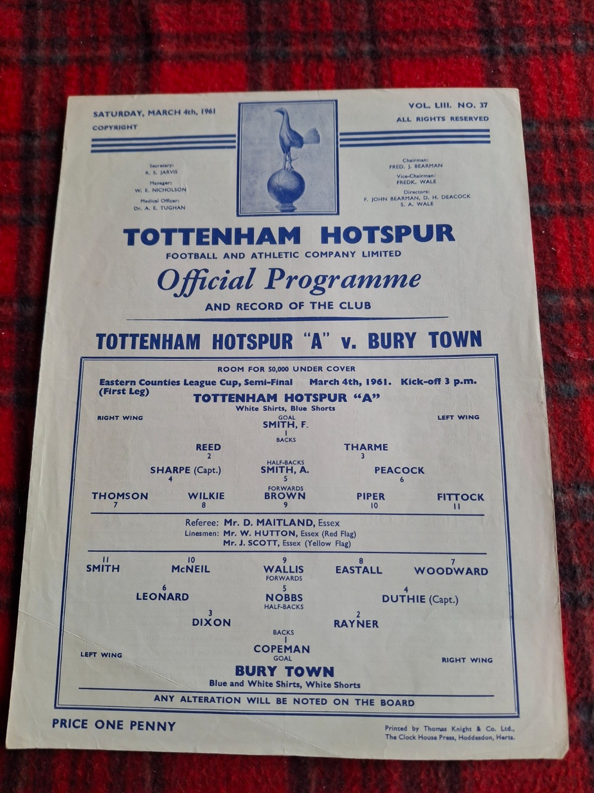 TOTTENHAM 'A' V BURY ECL CUP S/F 1960-61 DOUBLE SEASON for sale on Ebay