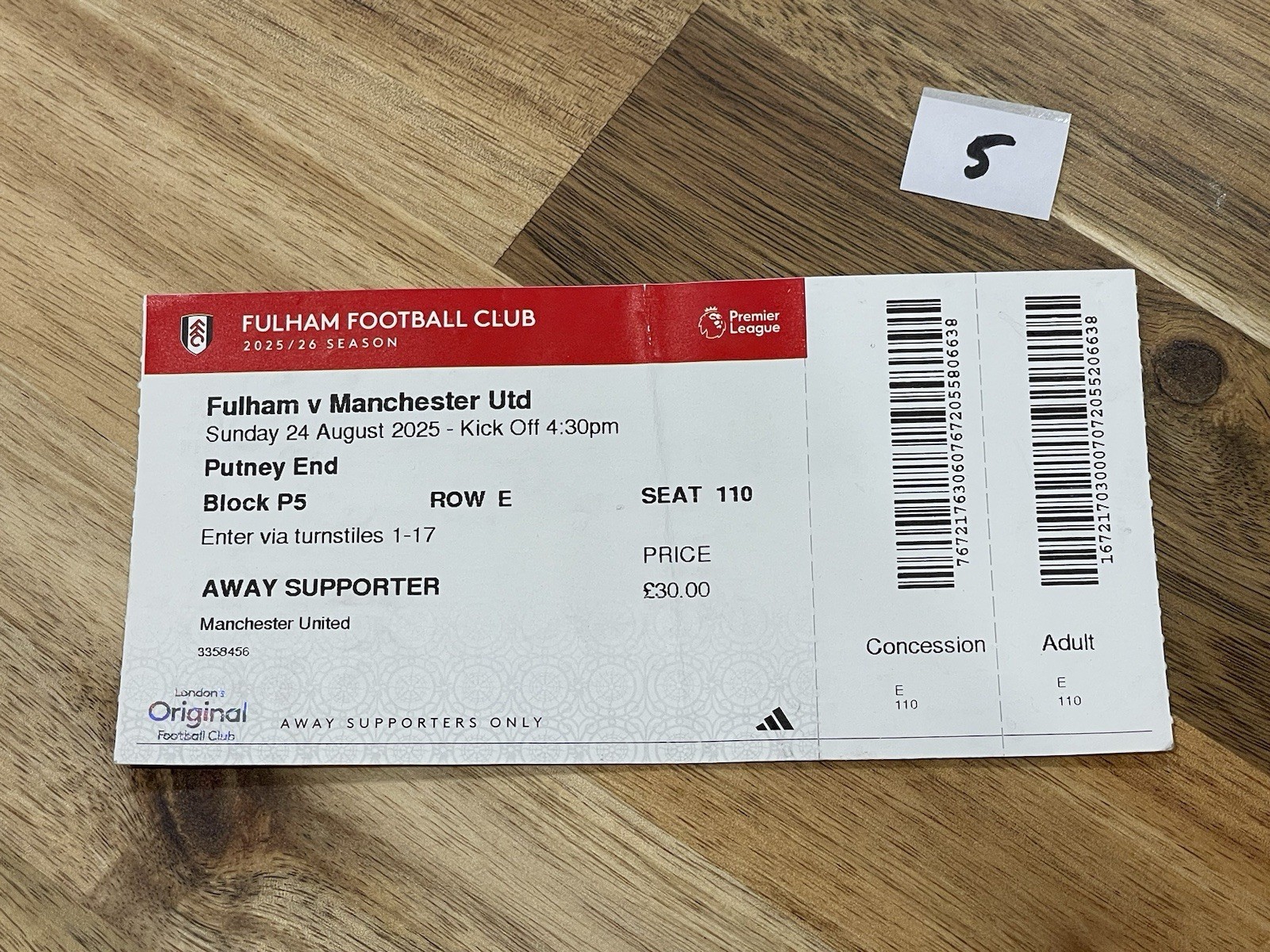 Fulham vs Manchester United Man Utd 2025/26 FA Premier League Match Ticket  for sale on Ebay
