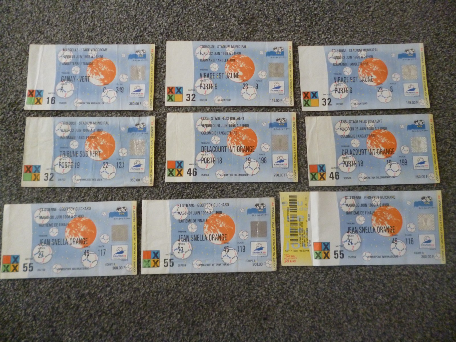 x9 - World Cup 1998 France 98 Football Match Ticket Collection / Job Lot for sale on Ebay