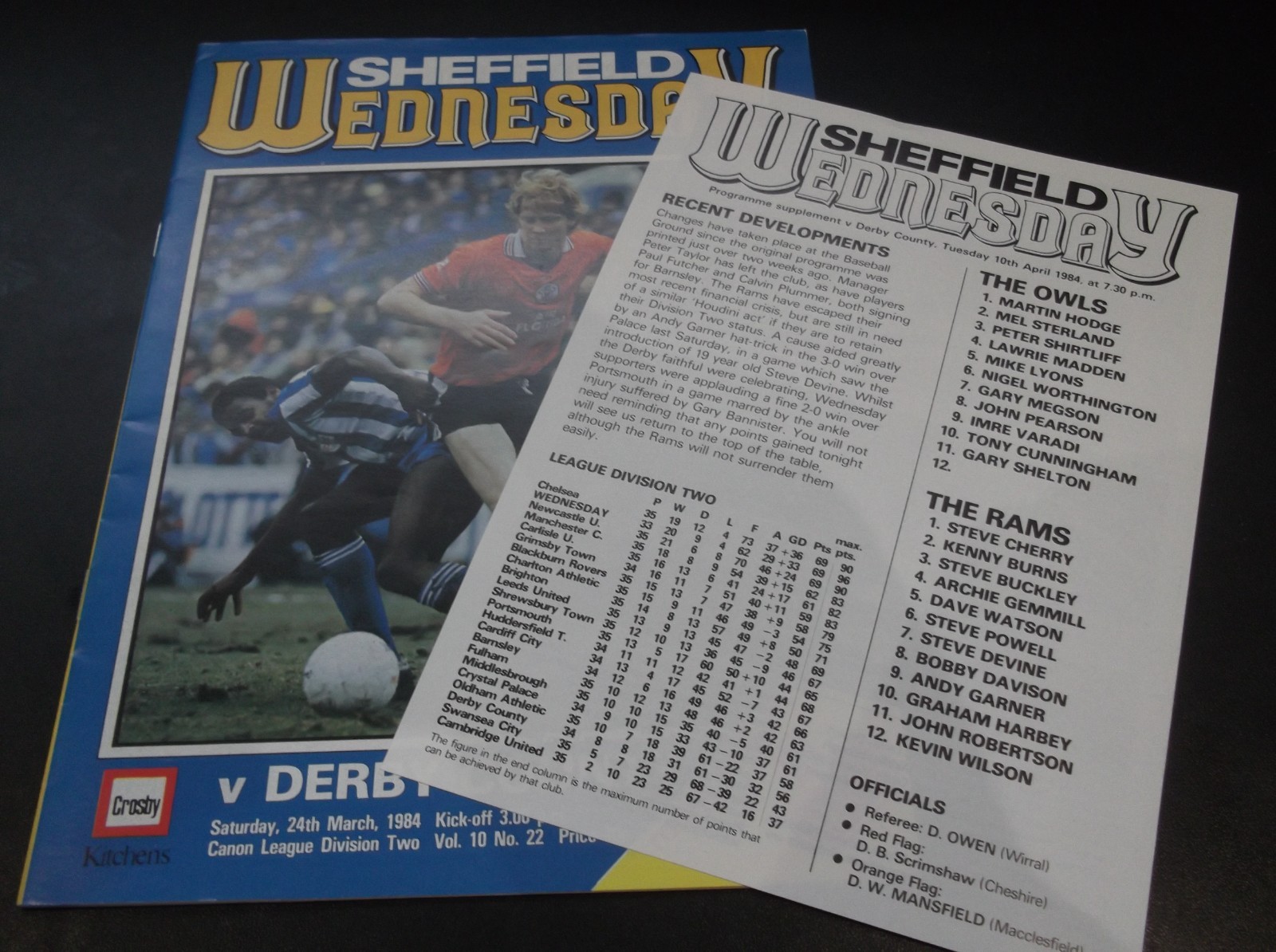 SHEFFIELD WEDNESDAY V DERBY COUNTY POSTPONED 24 MARCH 1984 + INSERT for sale on Ebay