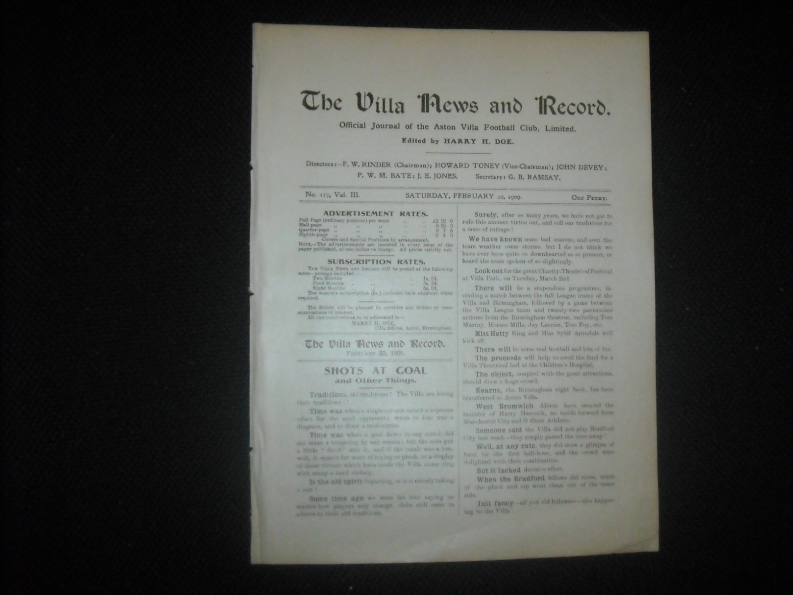 ASTON VILLA  V  DUDLEY TOWN  (B&DLC)  20-2-09  1908/09 PRE 1ST WORLD WAR  RARE for sale on Ebay