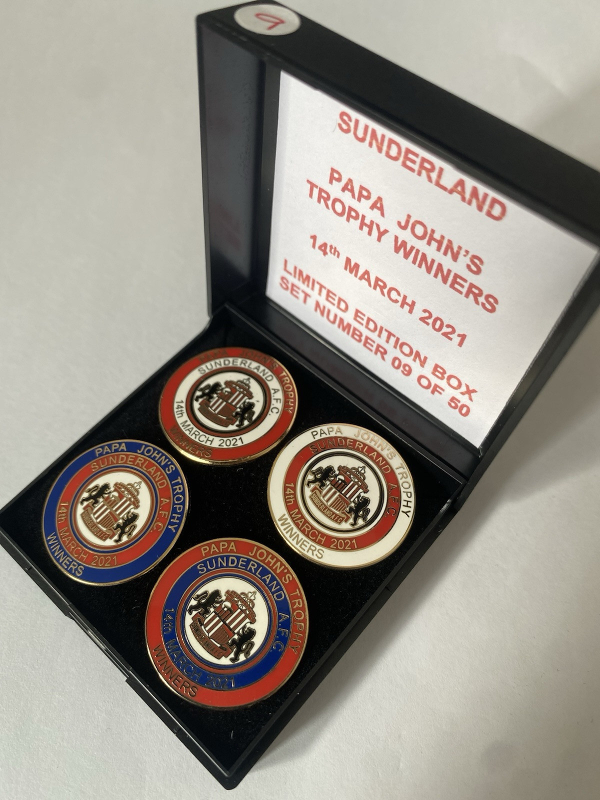 SUNDERLAND Football Club FC Badge PAPA JOHNS TROPHY WINNERS 2021 L/E PIN BOX SET for sale on Ebay