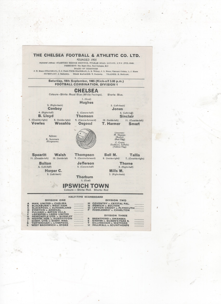 CHELSEA v IPSWICH TOWN   (FOOTBALL COMBINATION) 1965/66 for sale on Ebay