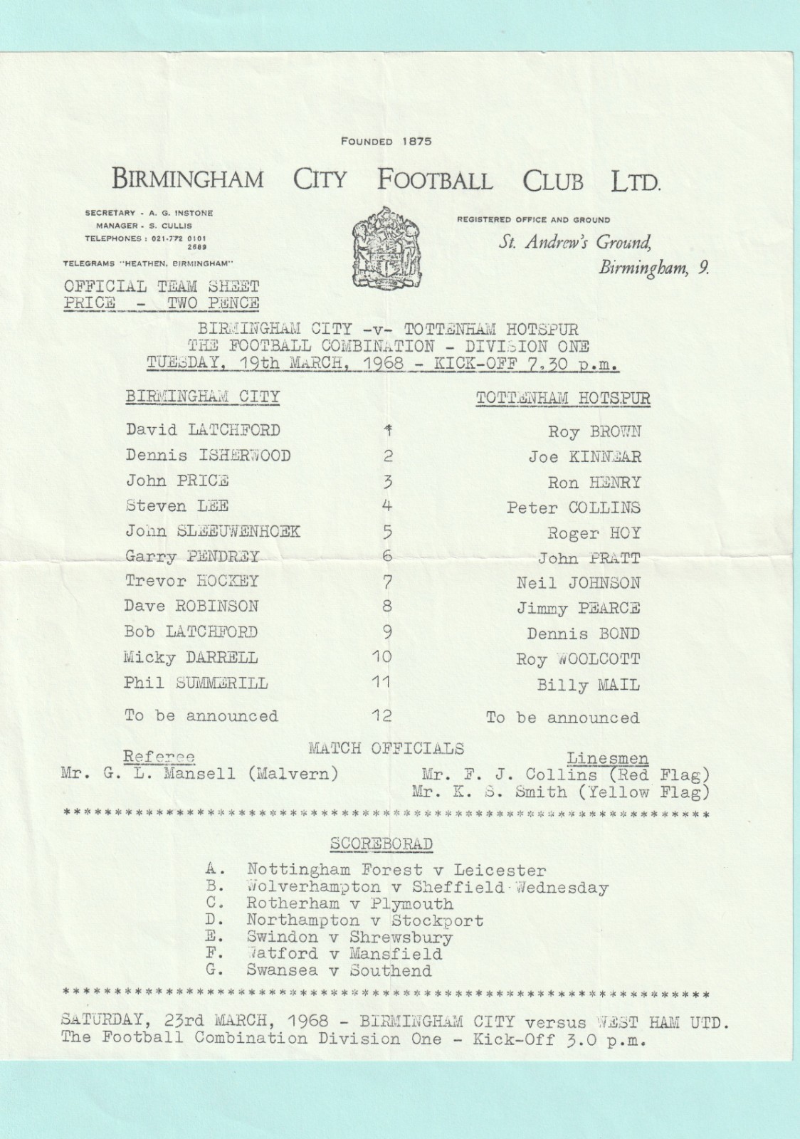 1967-1968 FOOTBALL COMBINATION : BIRMINGHAM CITY v TOTTENHAM / SPURS RESERVES for sale on Ebay