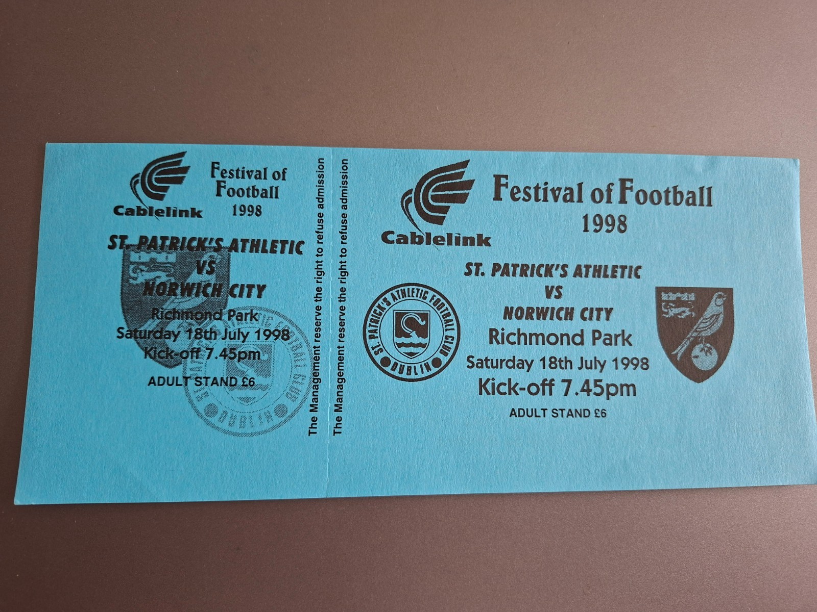 FOOTBALL  TICKET ST PATRICK'S IRELAND-NORWICH CITY ENGLAND FRIENDLY 18.07.1998 for sale on Ebay