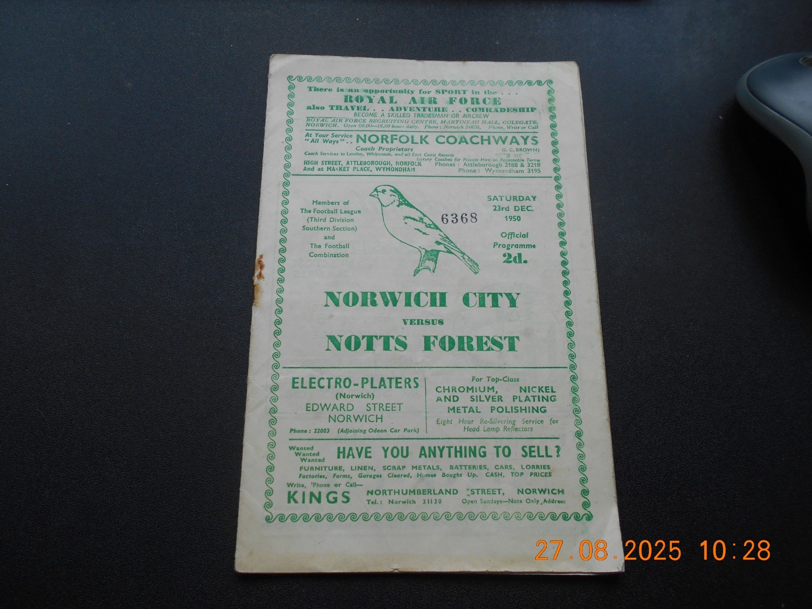 NORWICH CITY v NOTTINGHAM FOREST (CHAMPIONS)  23/12/1950 for sale on Ebay