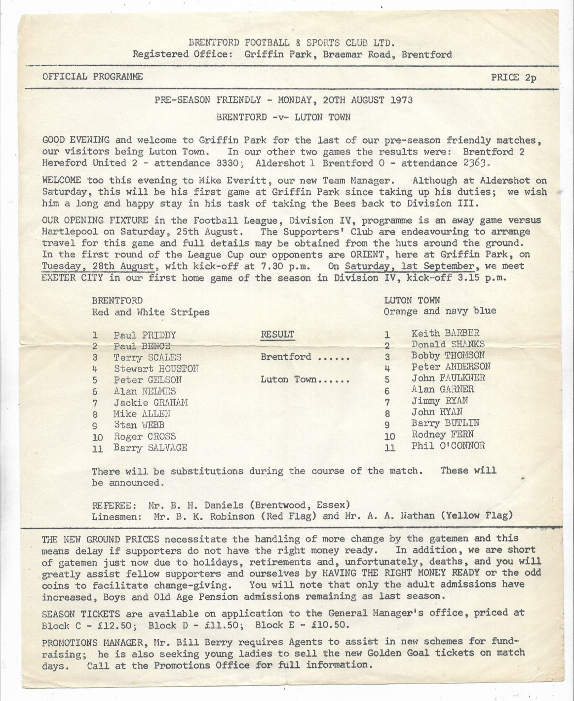1973 Friendly - BRENTFORD v. LUTON TOWN (single sheet) for sale on Ebay