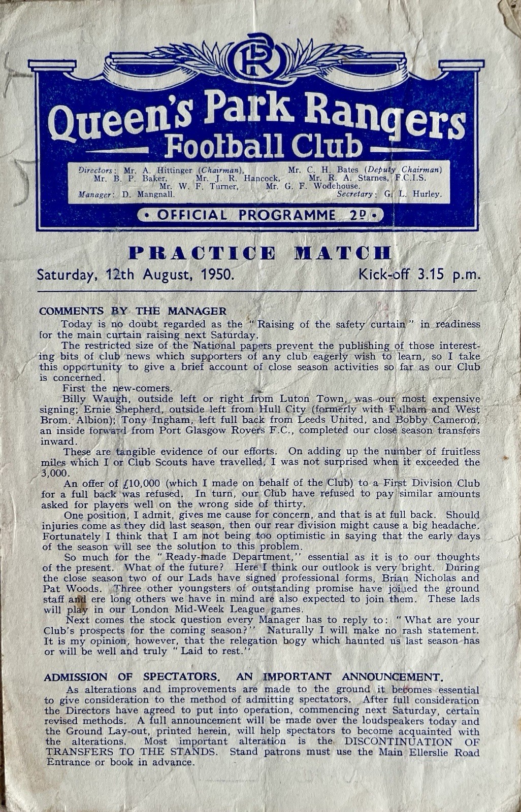 QUEENS PARK RANGERS-1950-Practice Match-Football Programme for sale on Ebay