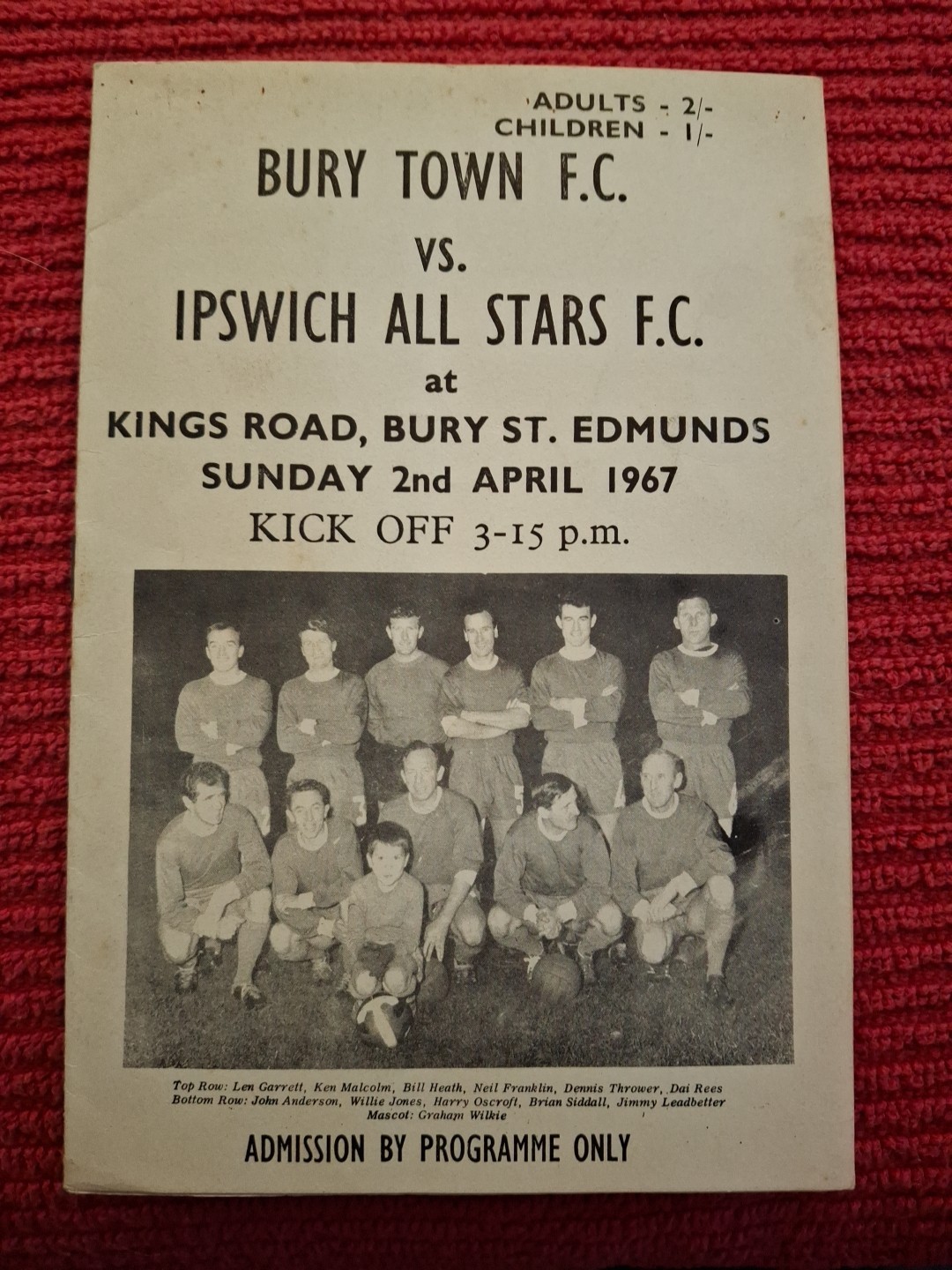 Bury Town v Ipswich All Stars friendly programme.  2/4/1967 for sale on Ebay
