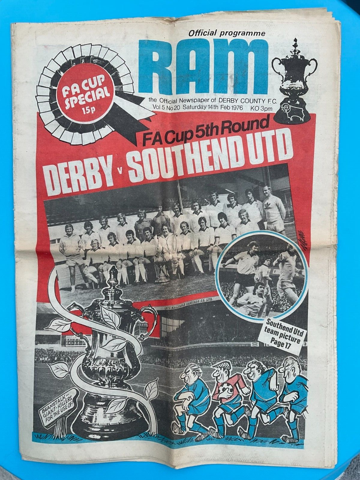DERBY COUNTY V SOUTHEND UNITED. 14TH FEBRUARY 1976. FA CUP 5TH ROUND. for sale on Ebay