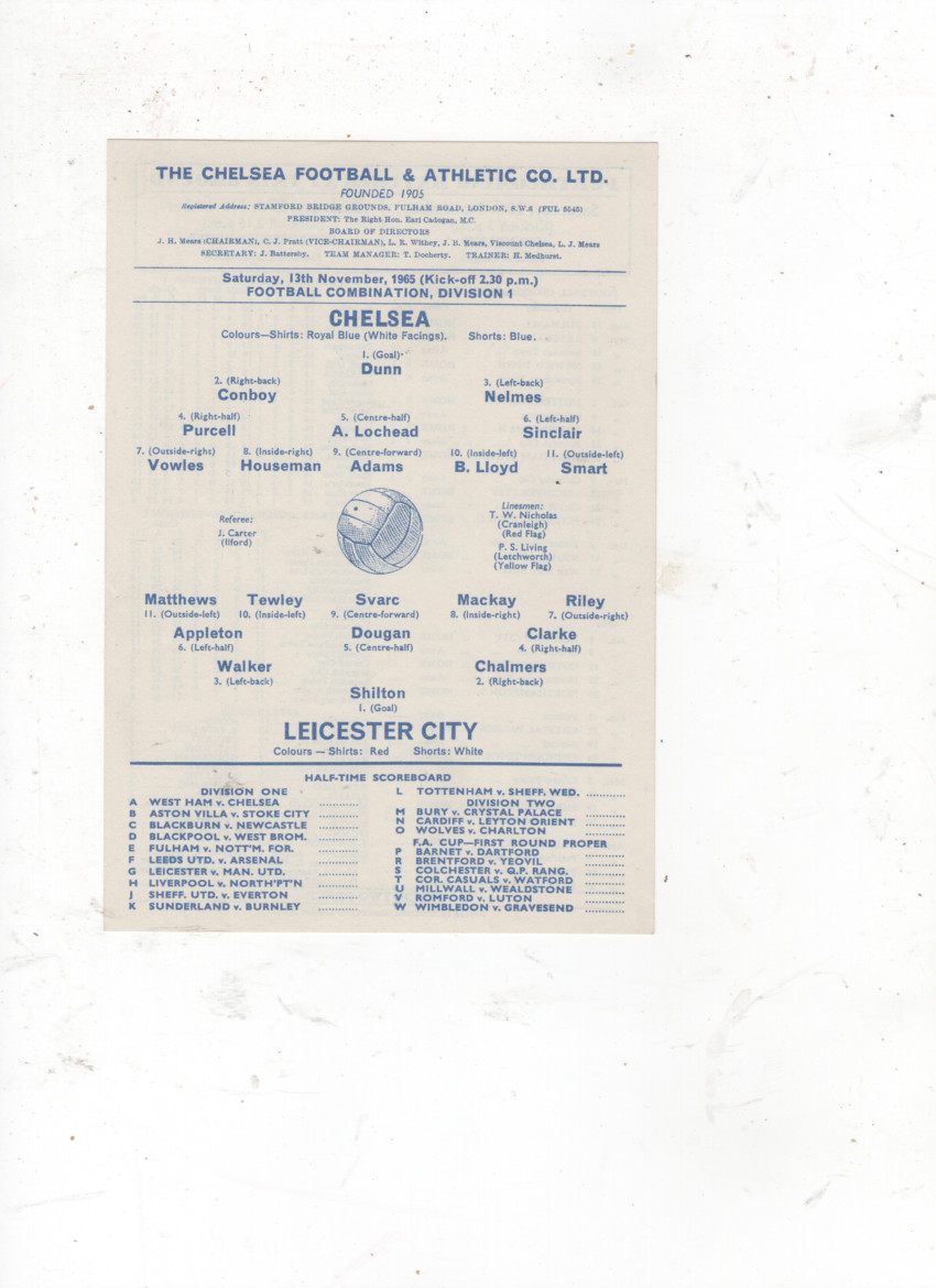 CHELSEA v LEICESTER CITY (FOOTBALL COMBINATION) 1965/66 for sale on Ebay