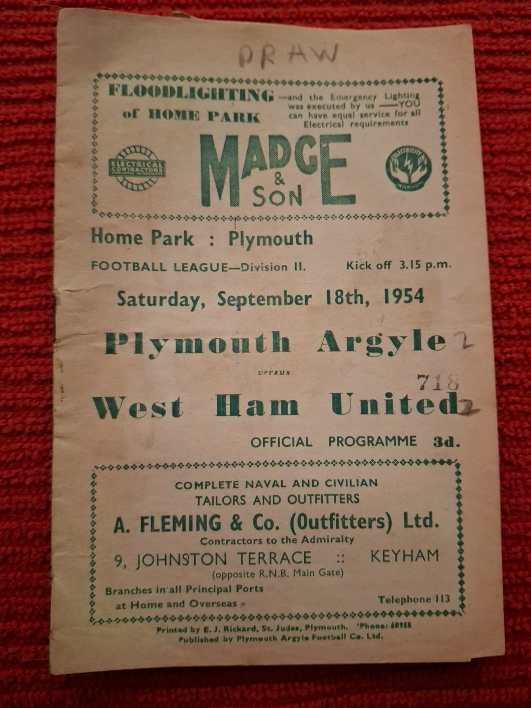 Plymouth Argyle v West Ham United programme.  18/9/1954 for sale on Ebay