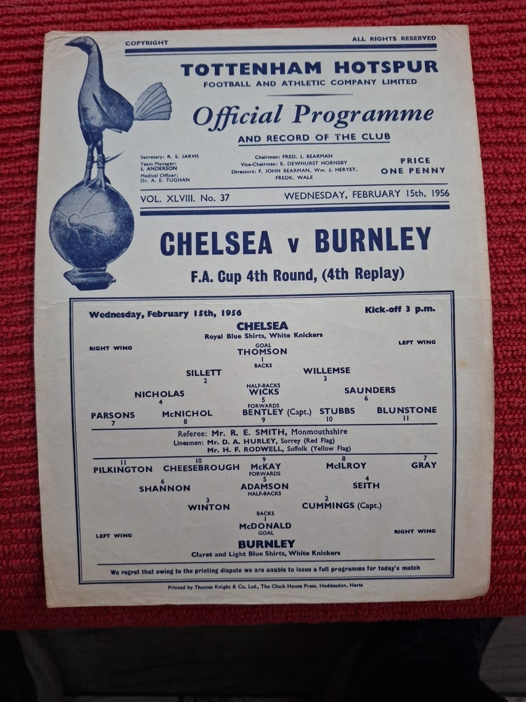 Chelsea v Burnley programme.  15/2/1956  FA Cup 4th Replay at Tottenham  for sale on Ebay