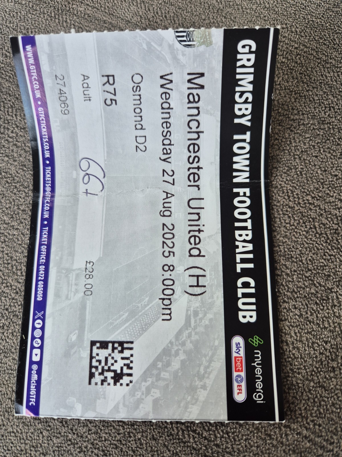 MAN UTD V GRIMSBY TICKET STUB for sale on Ebay
