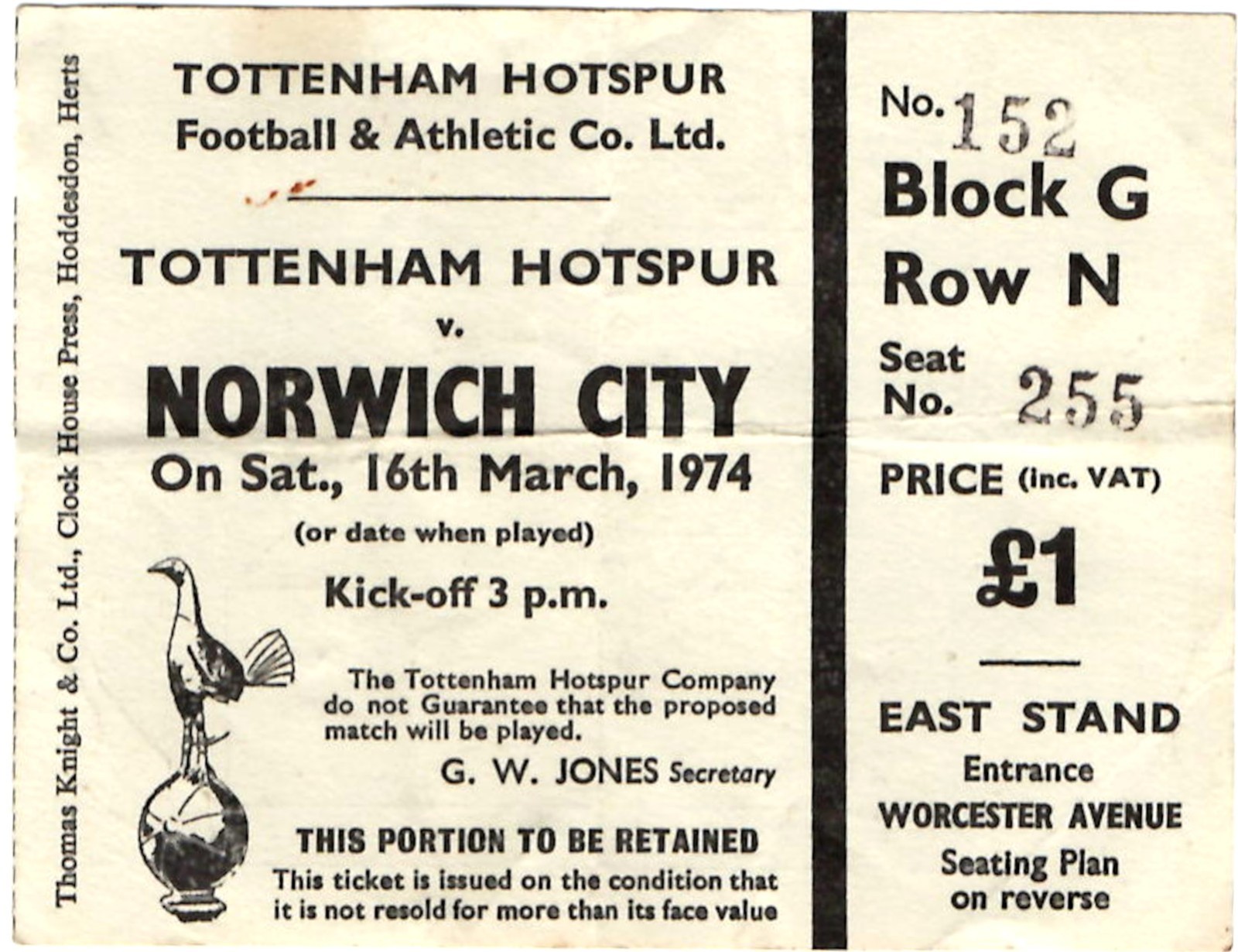 TICKET STUB - TOTTENHAM v NORWICH CITY - 16/03/1974 for sale on Ebay
