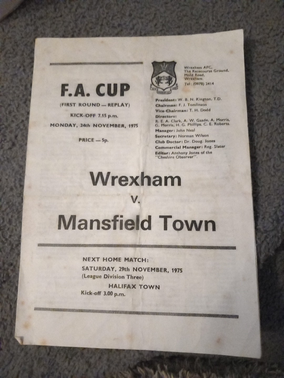 RARE 2 PAGER WREXHAM V MANSFIELD FA CUP REPLAY 75-6 for sale on Ebay