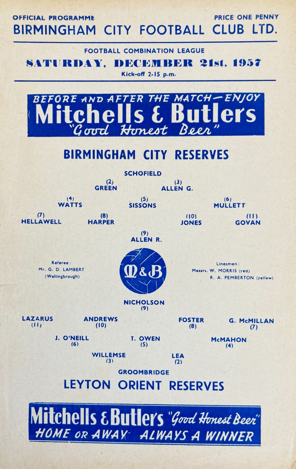 Birmingham City v Leyton Orient Football Combination 1957/58 for sale on Ebay
