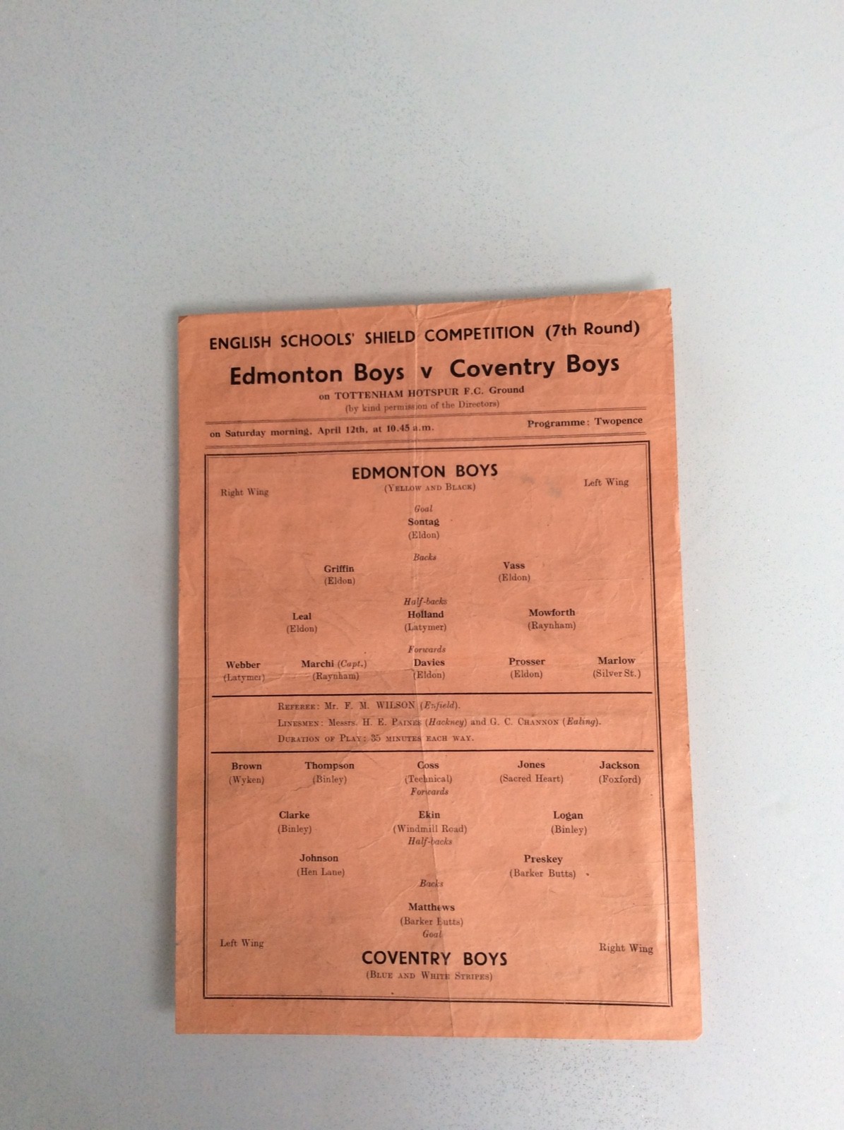 EDMONTON BOYS V COVENTRY BOYS 12.04.1946 AT TOTTENHAM ENGLISH SCHOOLS GAME for sale on Ebay