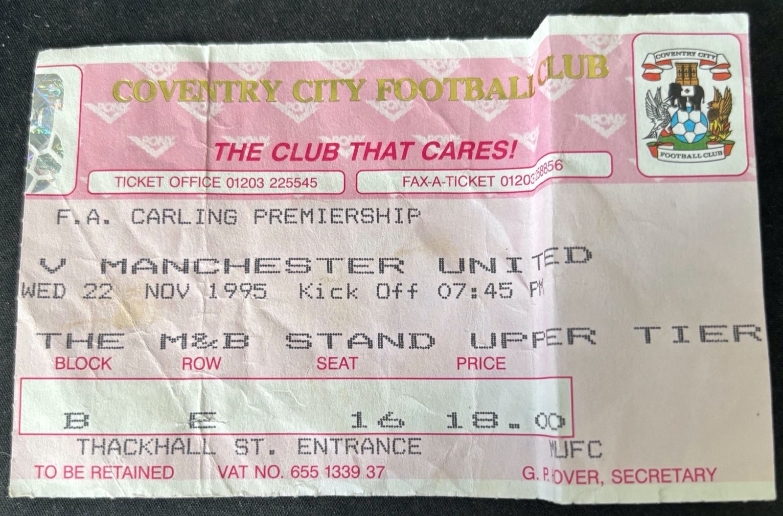 Coventry City v Manchester United ticket stub 22nd November 1995 Premier League for sale on Ebay