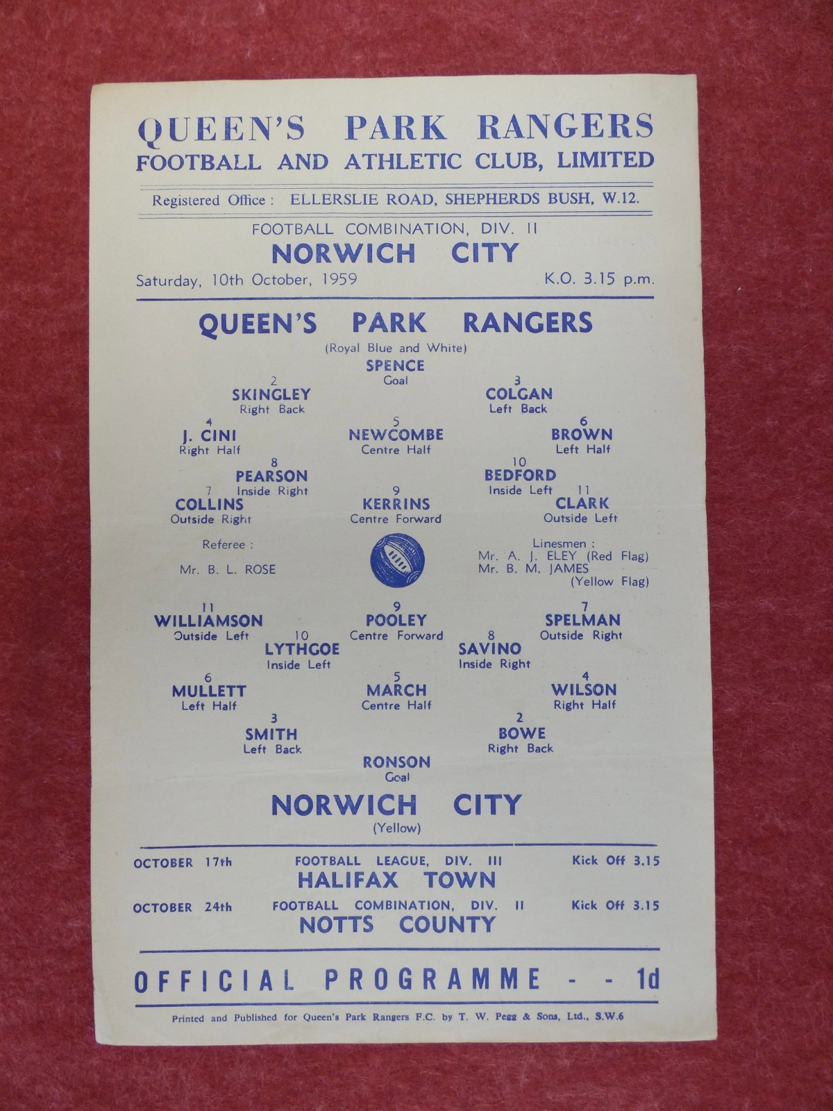 QPR v NORWICH CITY | 1959/1960 | RESERVES | 10 OCT 1959 | UK FREEPOST for sale on Ebay