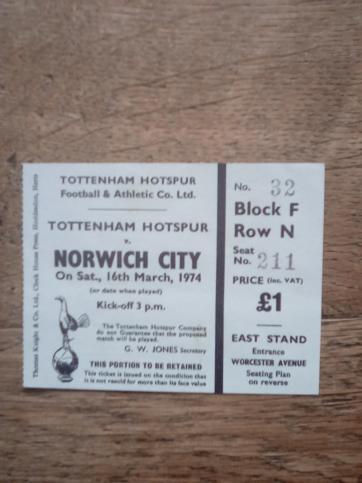 tottenham ticket v Norwich City 16/03/1974 for sale on Ebay