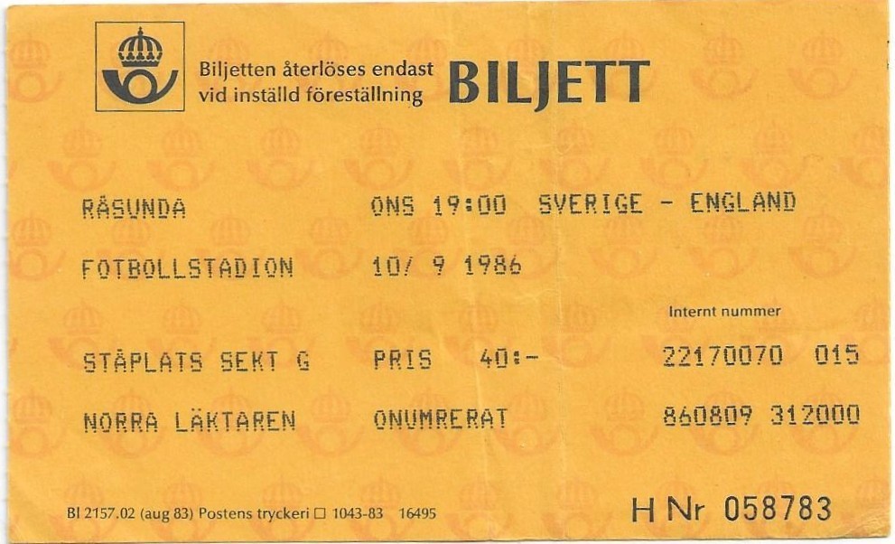 Sweden v England 1986/87 Friendly ticket for sale on Ebay