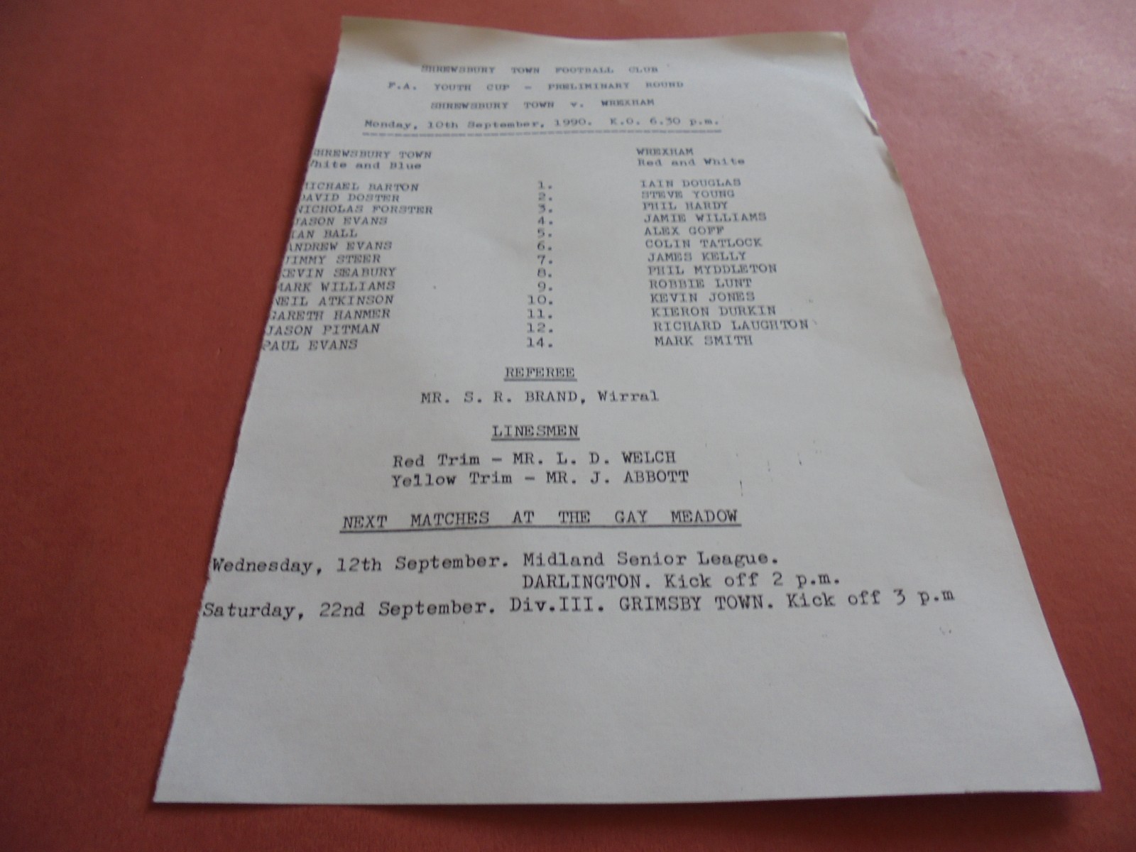 SHREWSBURY TOWN v WREXHAM - FA YOUTH CUP - S/S DATED 10.9.1990 for sale on Ebay