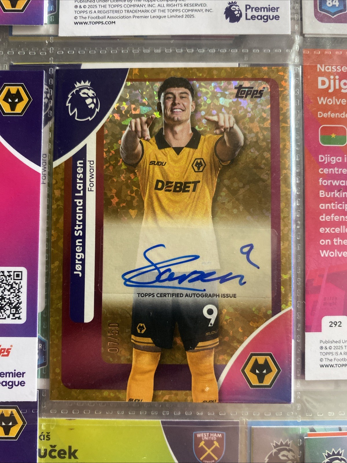 Wolves, Jørgen Strand Larsen Signed Autograph TOPPS 7/50 Gold Sparkle for sale on Ebay