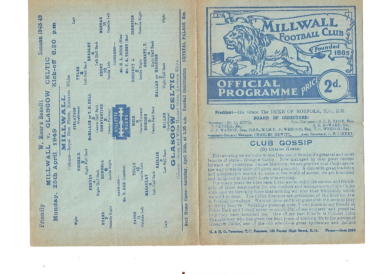 MILLWALL V GLASGOW CELTIC  26/4/1949  W MOOR BENEFIT for sale on Ebay