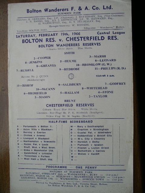 BOLTON WANDERERS RESERVES  v  Chesterfield Reserves  65/6. for sale on Ebay