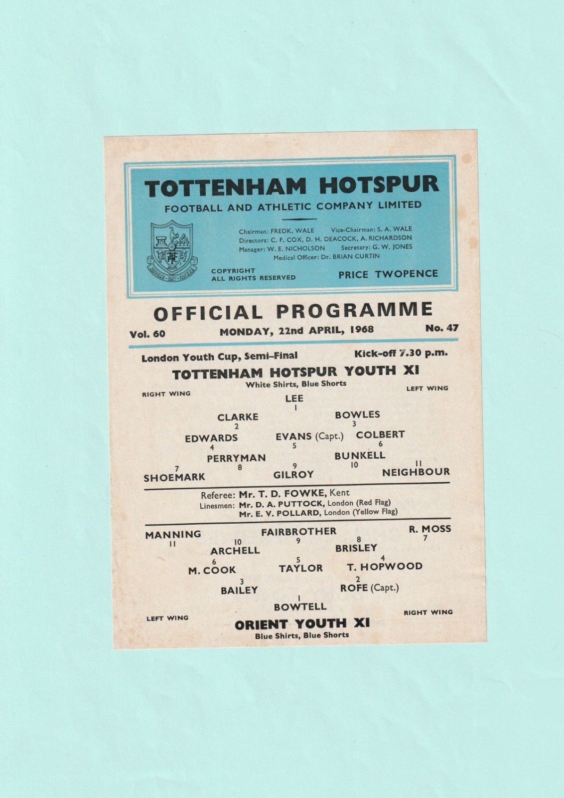 1967-68 LONDON YOUTH CUP SEMI-FINAL : TOTTENHAM / SPURS v ORIENT YOUTH 22 APRIL for sale on Ebay