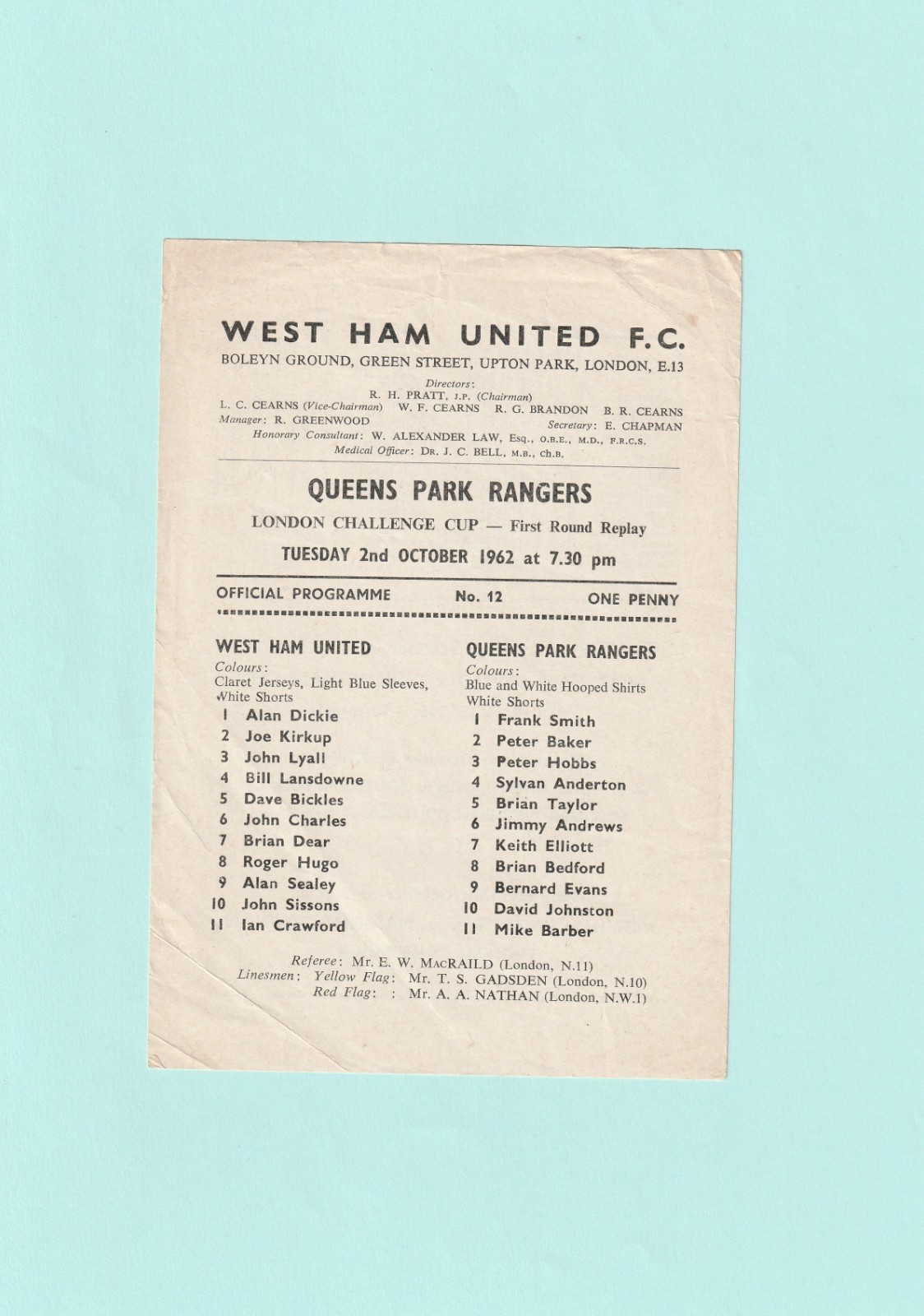 1962-1963 LONDON CHALLENGE CUP : WEST HAM UNITED v QUEENS PARK RANGERS / QPR for sale on Ebay