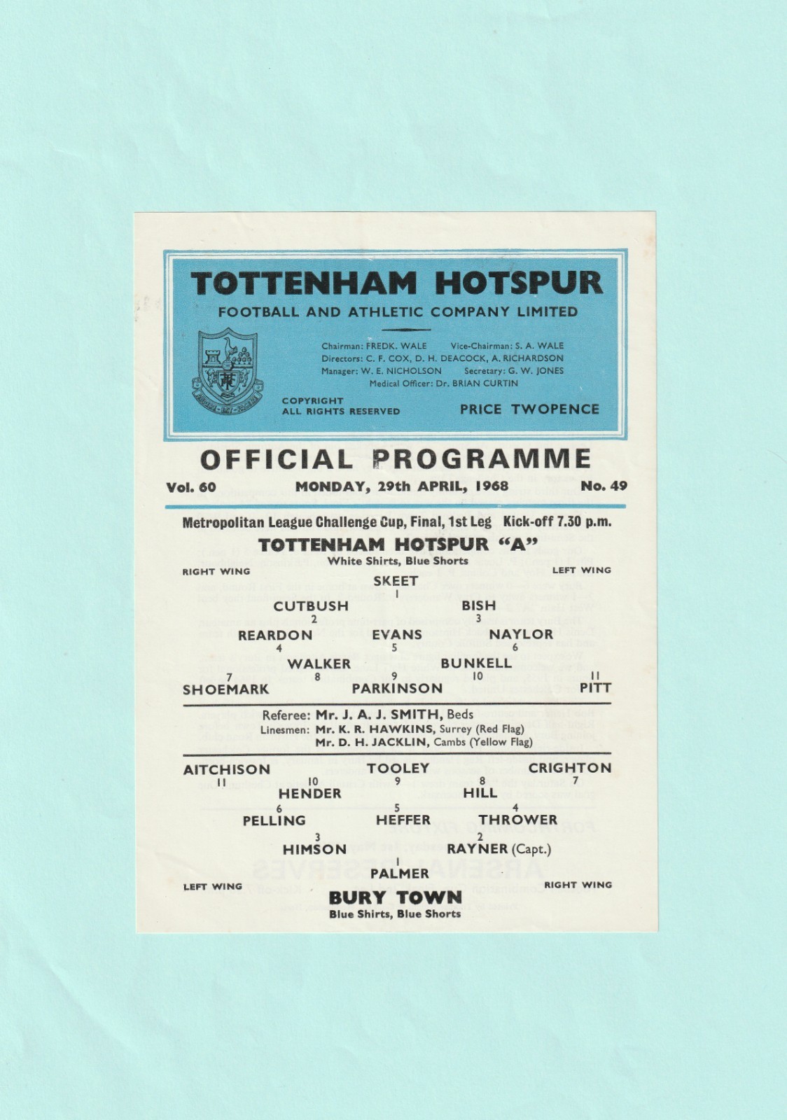 1967-68 METROPOLITAN LEAGUE CUP FINAL : TOTTENHAM / SPURS 