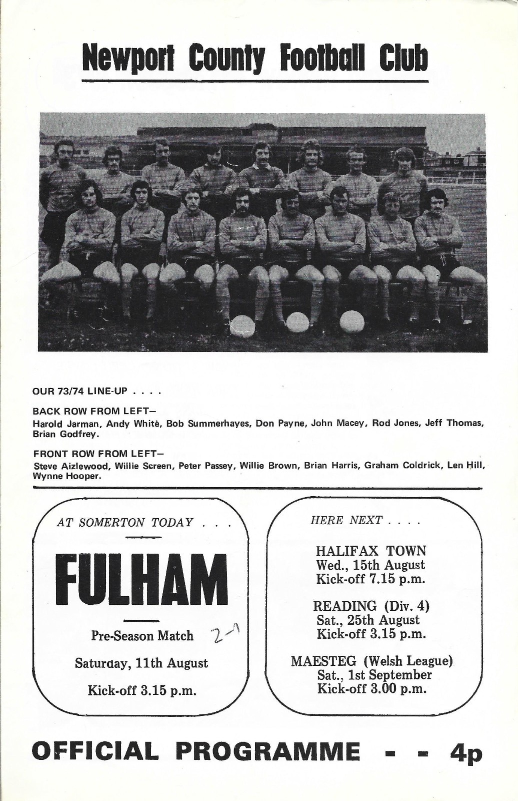 1973/74    NEWPORT COUNTY v FULHAM       Friendly Match for sale on Ebay