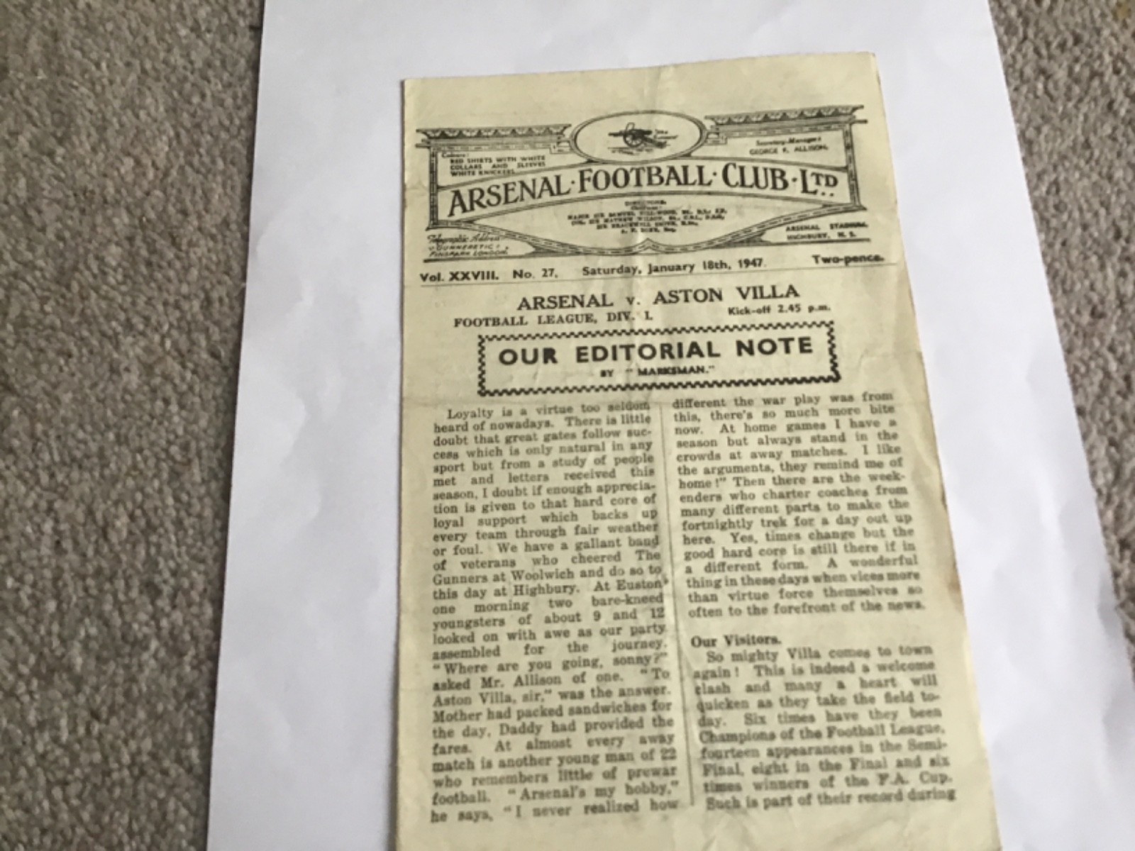 Arsenal v Aston Villa Football Programme 18/1/1947. for sale on Ebay