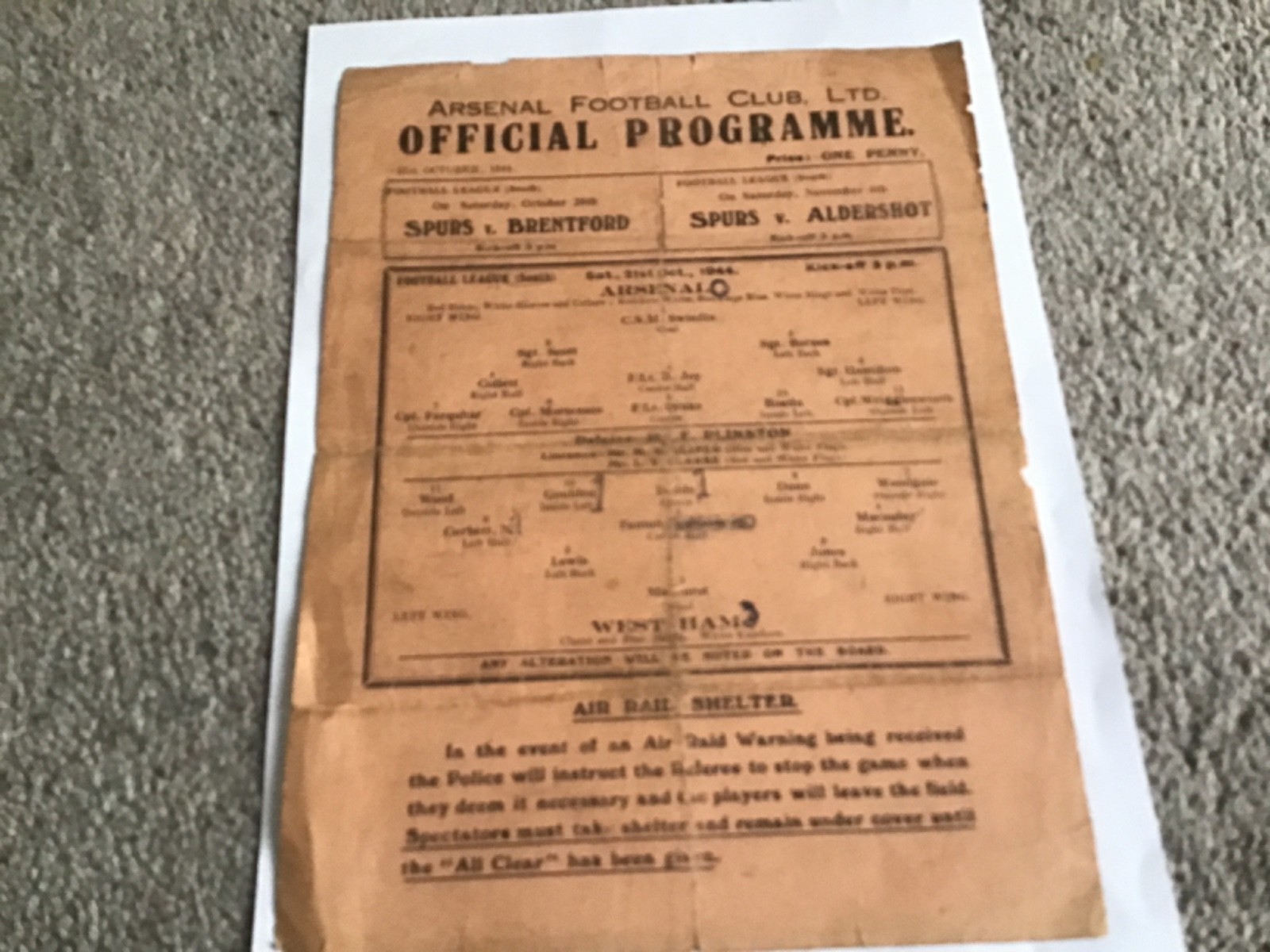 Arsenal v West Ham Football Programme 21/10/1944. for sale on Ebay