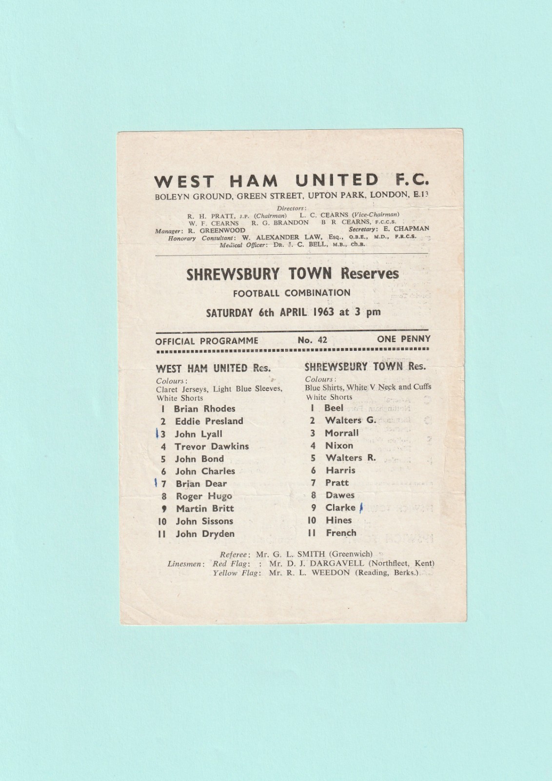 1962-1963 FOOTBALL COMBINATION : WEST HAM UNITED v SHREWSBURY TOWN RESERVES for sale on Ebay