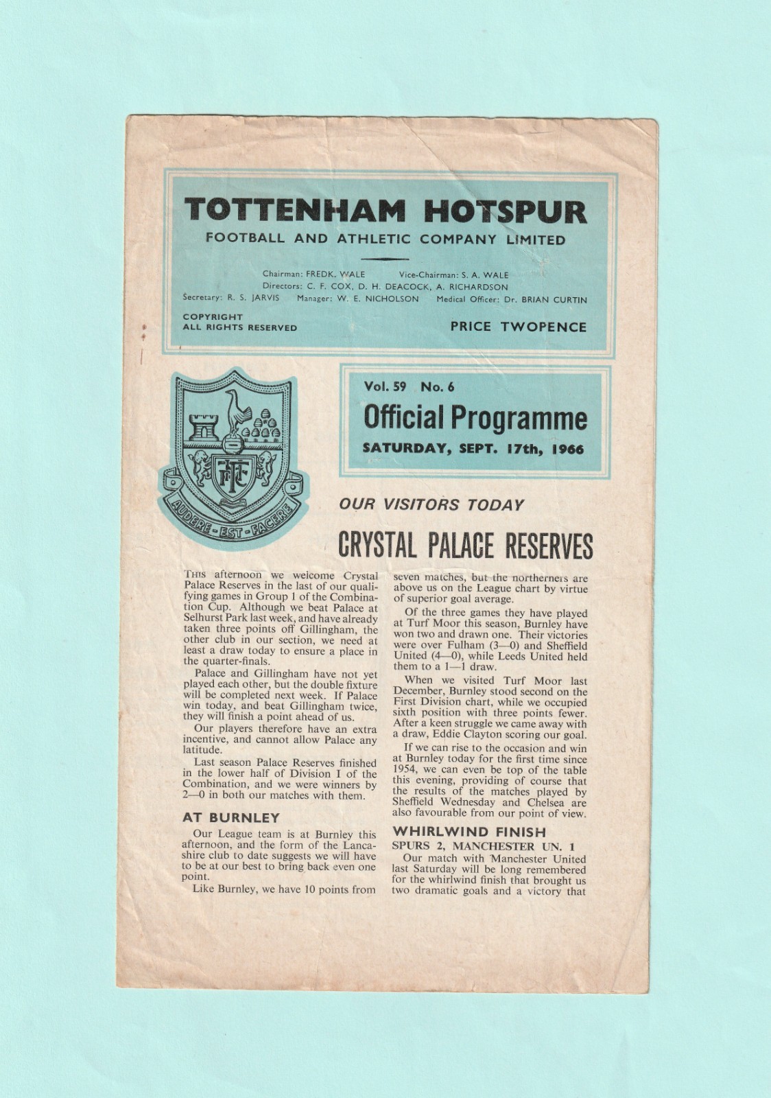 1966-1967 FOOTBALL COMBINATION CUP : TOTTENHAM / SPURS v CRYSTAL PALACE RESERVES for sale on Ebay