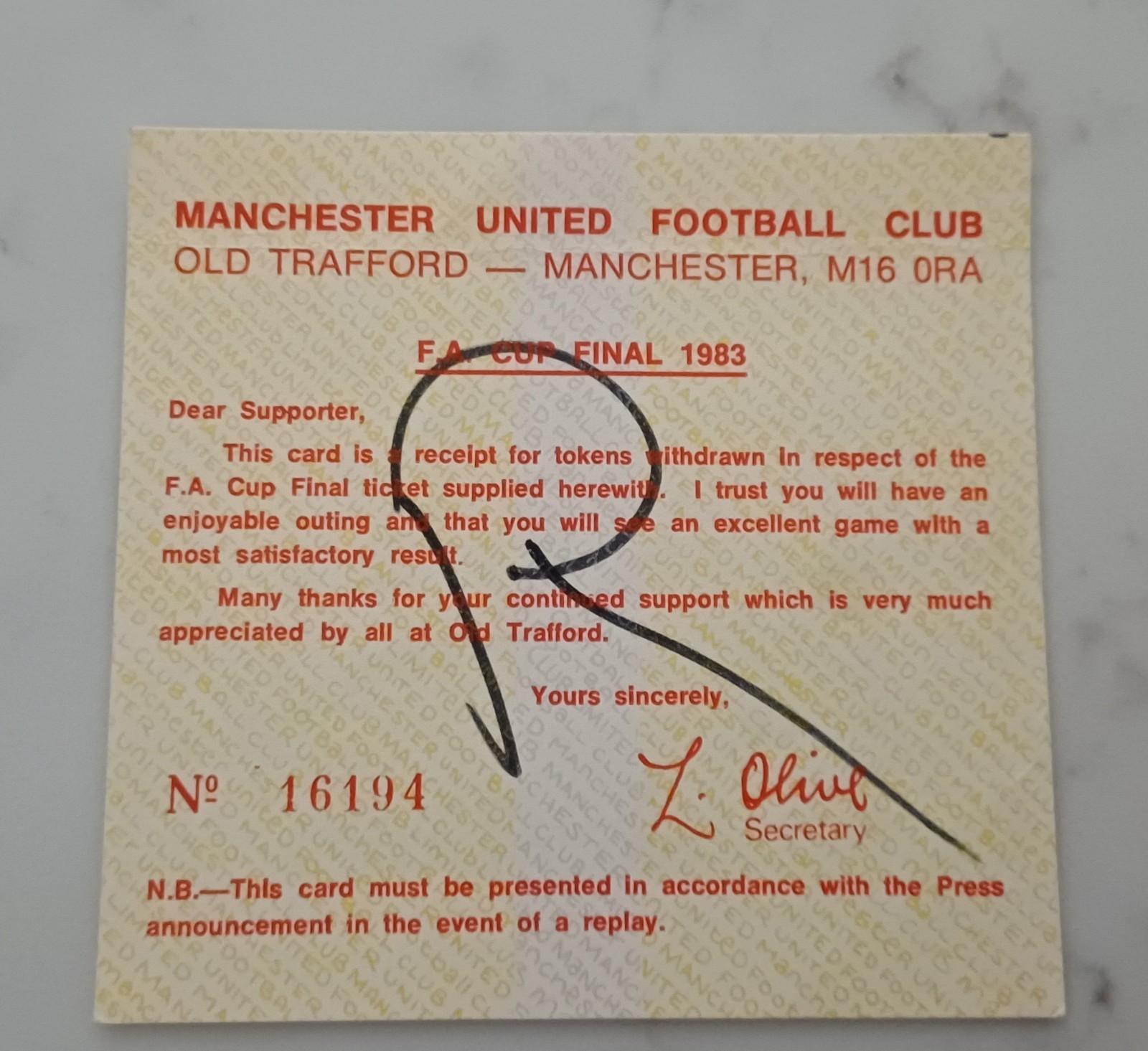 1983 MANCHESTER UNITED v BRIGHTON FA CUP FINAL TICKET RECEIPT CARD for sale on Ebay