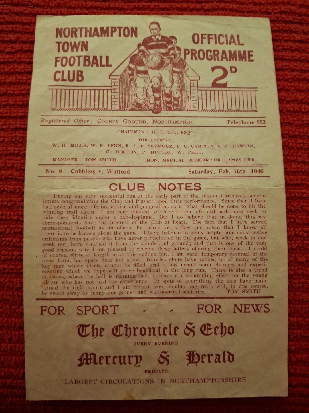 Northampton Town v Watford programme.  16/2/1946 for sale on Ebay