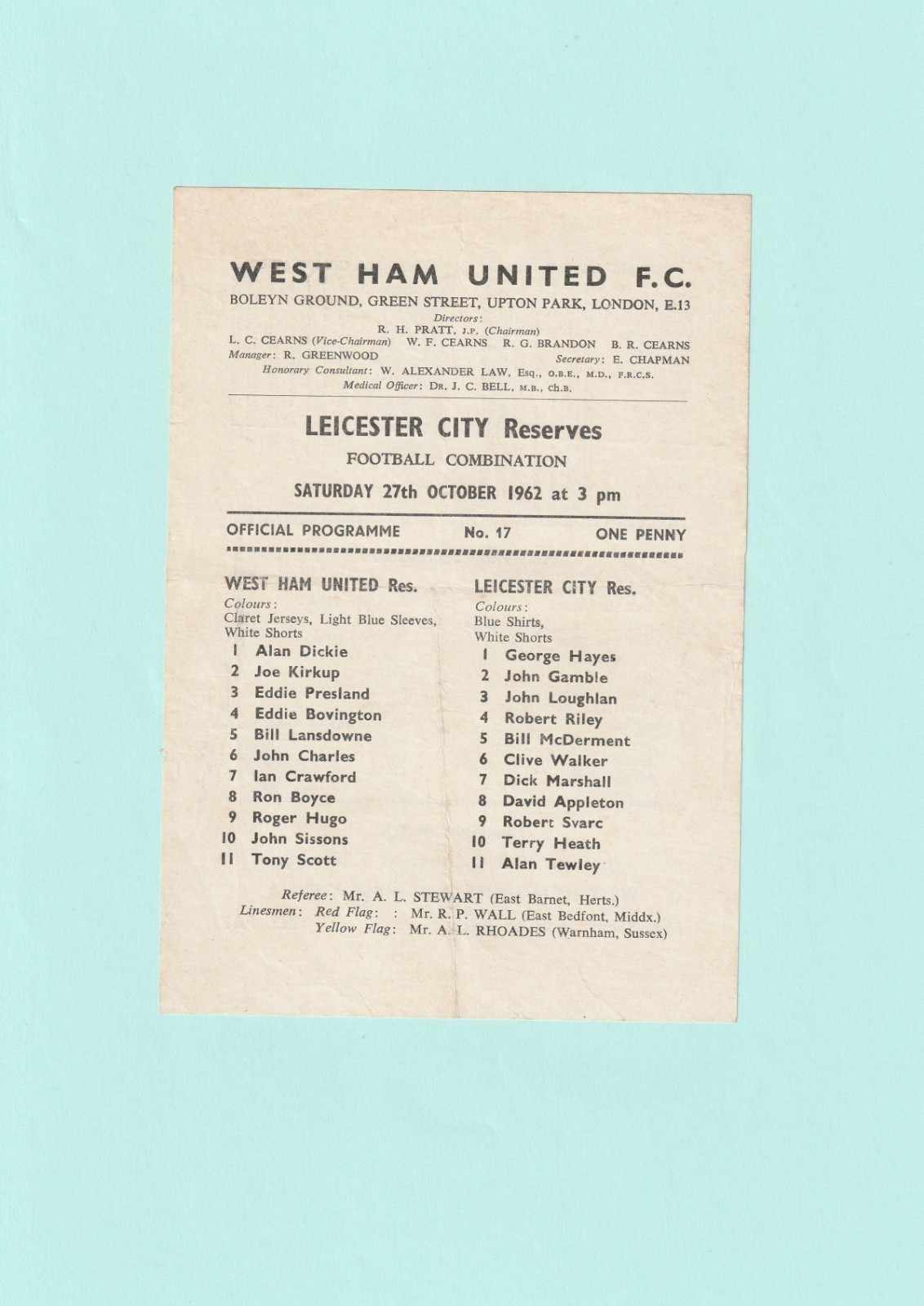 1962-1963 FOOTBALL COMBINATION : WEST HAM UNITED v LEICESTER CITY RESERVES for sale on Ebay