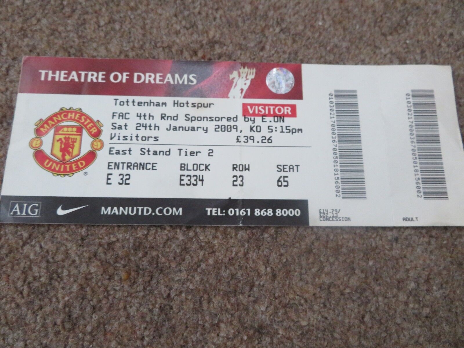 MANCHESTER UNITED TOTTENHAM FA CUP 4TH RD JANUARY 2009 AWAY MATCH TICKET  for sale on Ebay