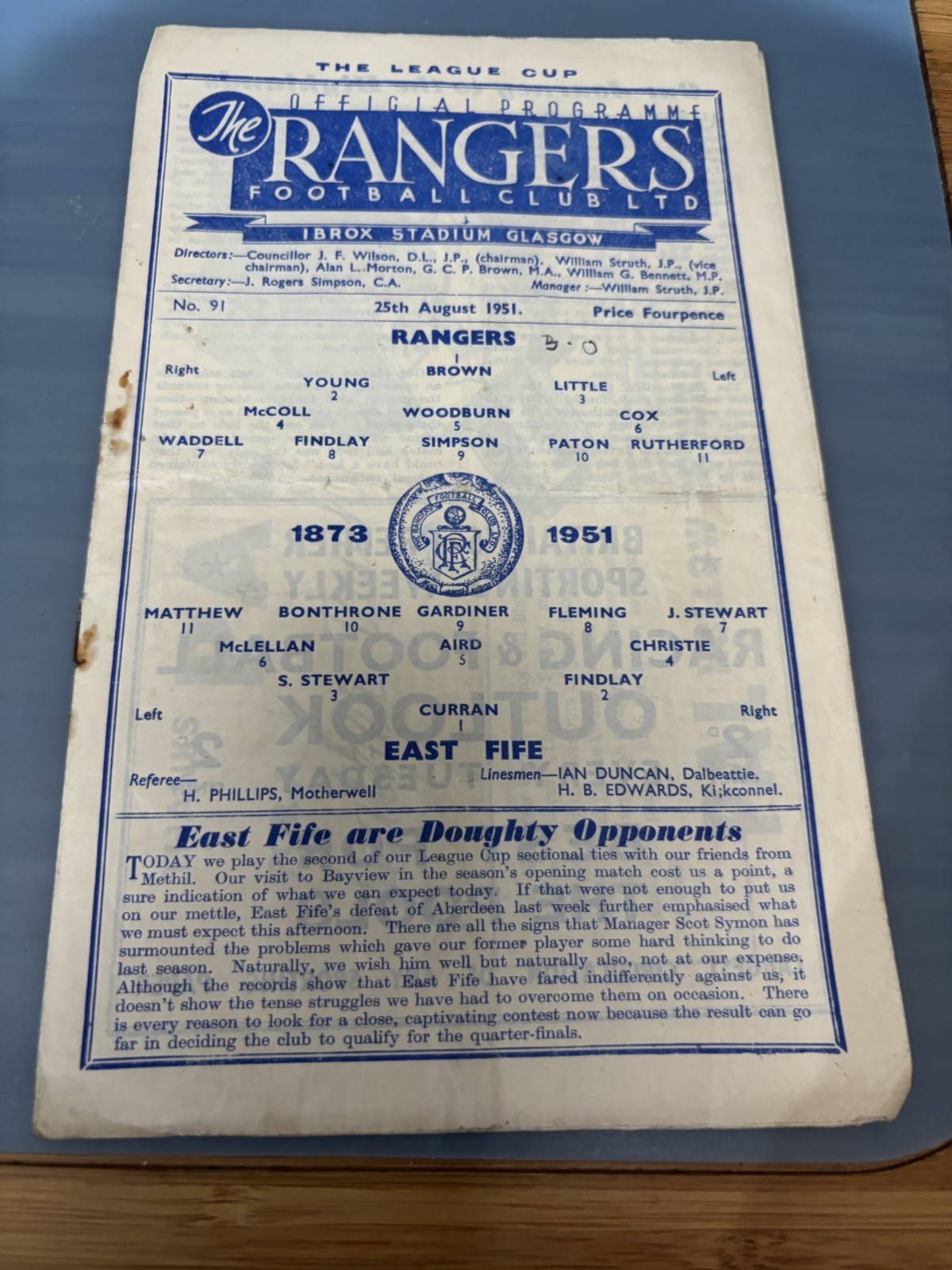 RANGERS v EAST FIFE Aug 1951 LEAGUE CUP No. 91 for sale on Ebay