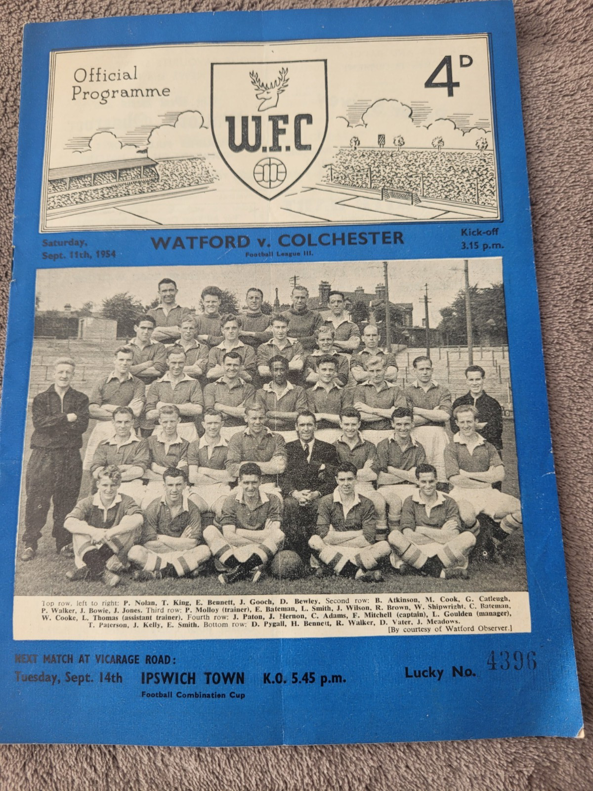 Watford V Colchester United 11.9. 1954 - Division 3 for sale on Ebay