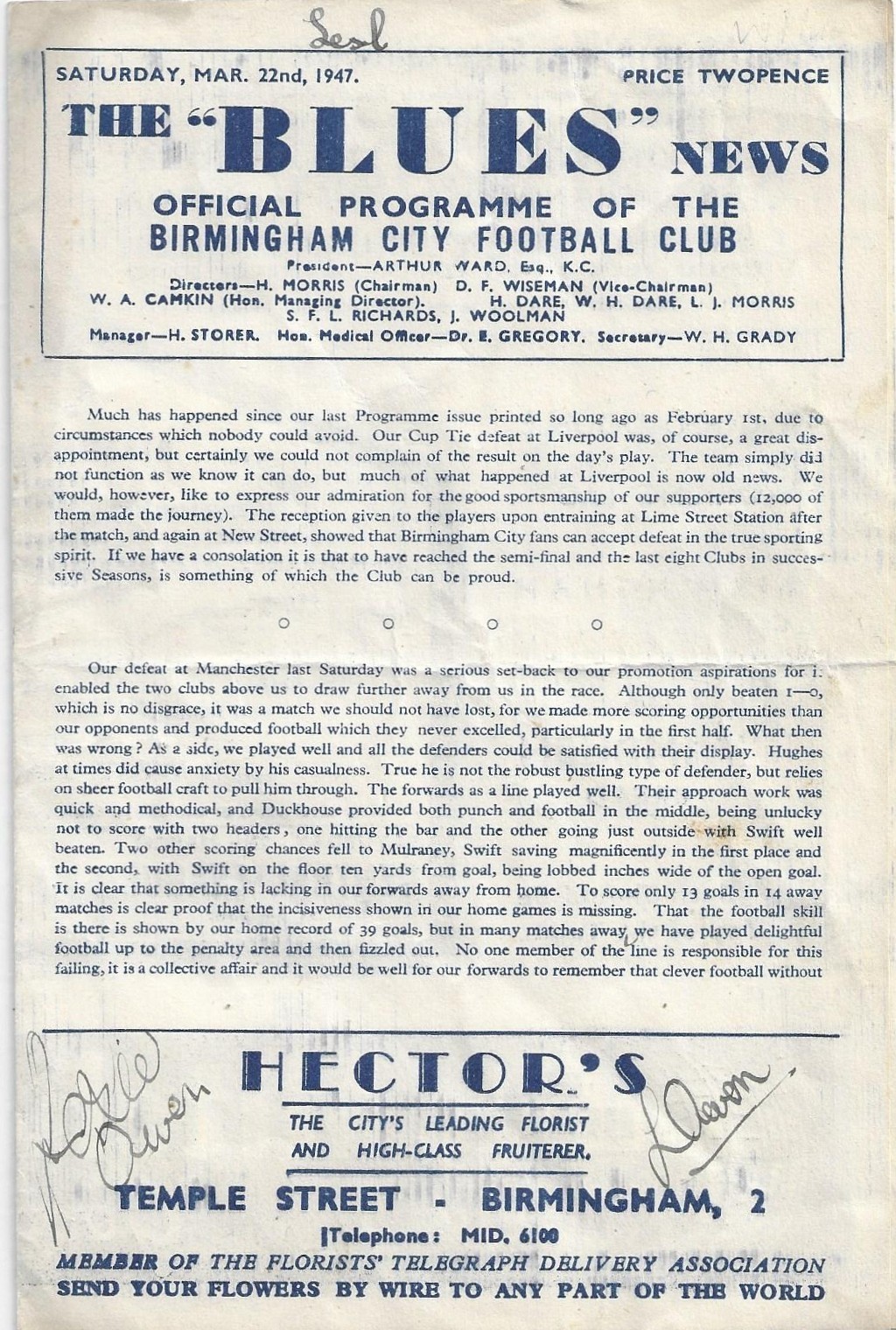Birmingham City v West Ham United 1946/47 Football League for sale on Ebay