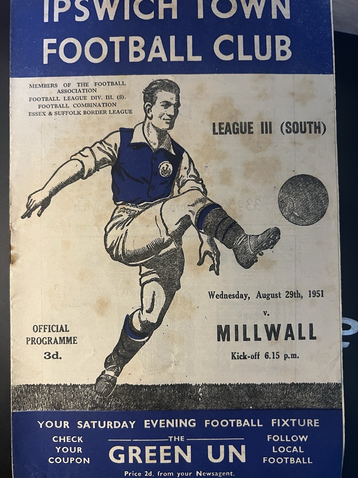 IPSWICH TOWN V MILLWALL -  1952/51  Division 3 South, good condition. for sale on Ebay