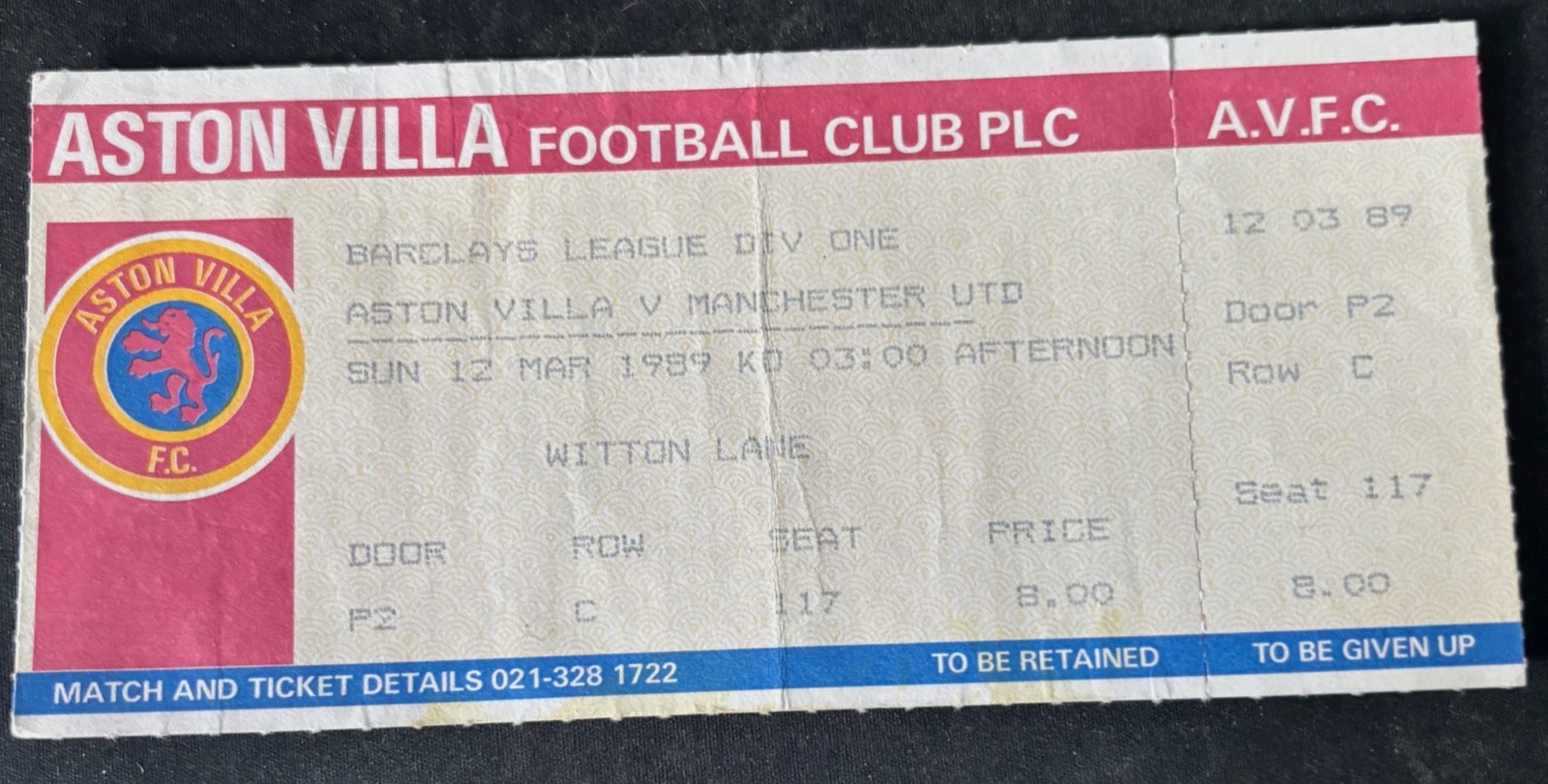 Aston Villa v Manchester United ticket stub INTACT 12th March 1989 Division One for sale on Ebay