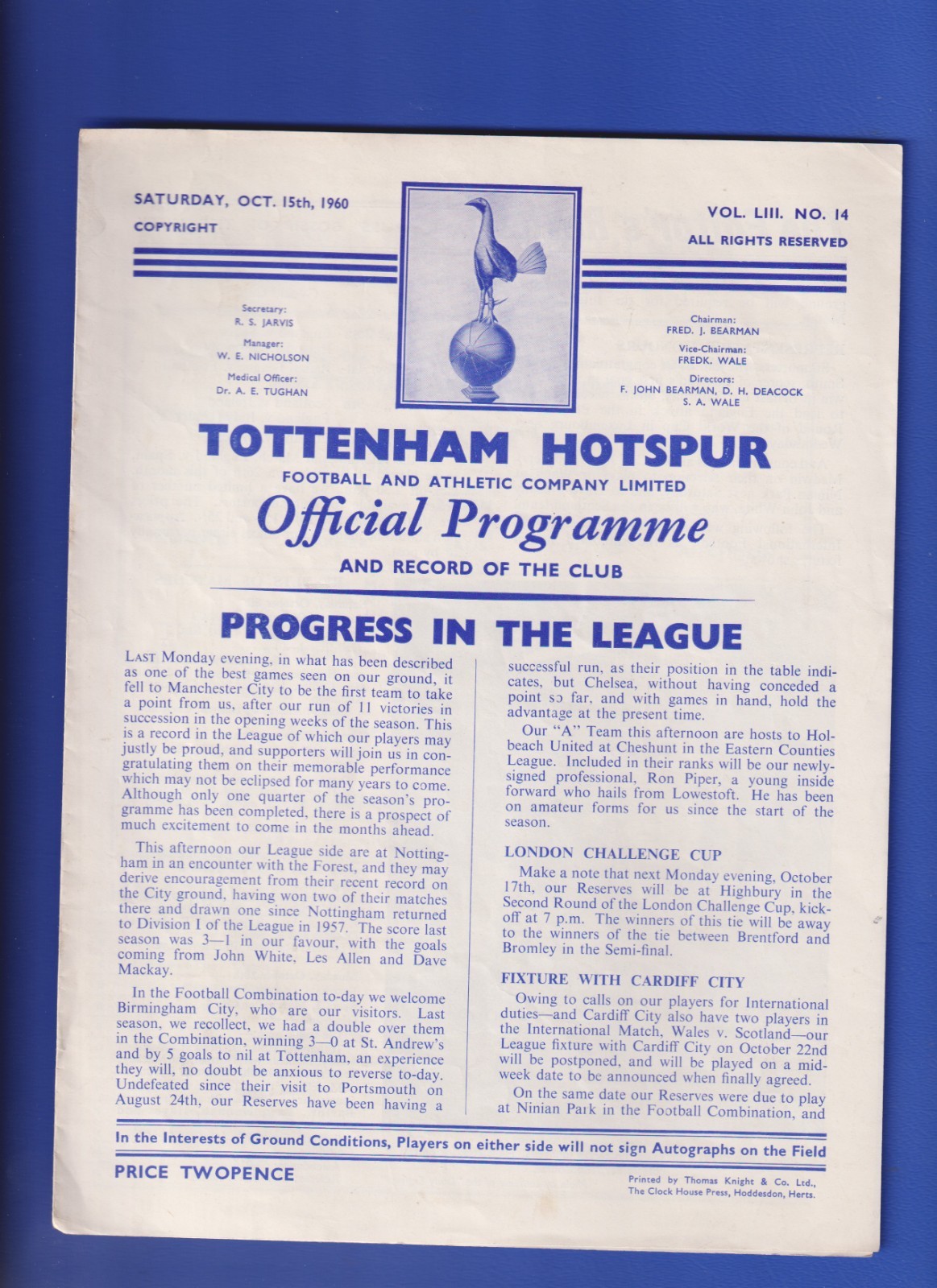 TOTTENHAM HOTSPUR RESERVES v BIRMINGHAM CITY 1960-61 FOOTBALL COMBINATION V.G.C. for sale on Ebay